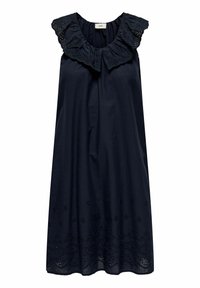 Robe sans manches bleu marine avec un col volanté, des détails brodés le long de l'ourlet et une coupe ample, fabriquée en tissu léger.