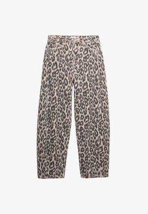 Leopardprint jeans med en afslappet pasform, lavet af denim, med en lys rosa bund og sorte pletter, afsluttet med et traditionelt fem-lomme design.