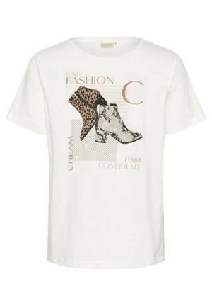 Weißes kurzärmeliges Hemd mit Grafik eines Leoparden und Schlangenleder-Stiefeletten und Text "Love Fashion", Creme, feminine Selbstbewusstsein.