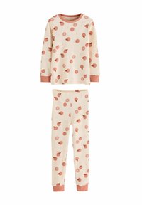 Katoenen pyjama set met een lange mouw top en broek, crèmekleurige achtergrond met roze fruitpatronen, en contrasterende roze manchetten.