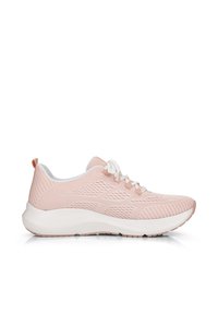 Light pink athletic shoe with a breathable mesh upper, white sole, textured accents, and a rounded toe design. Lace-up closure.