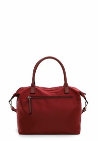 Borsa a mano sintetica rossa con due manici, apertura superiore con cerniera e tasca frontale con cerniera. Texture liscia con dettagli marroni a contrasto.