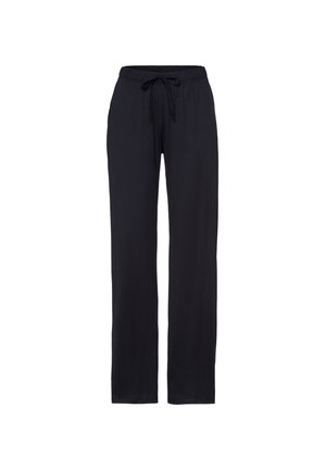 Schwarze, locker sitzende Hose mit elastischem Bund und verstellbarem Kordelzug; glatte Stoffstruktur, gerades Bein-Design, ohne Muster.