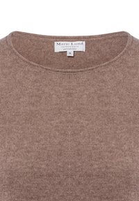 Brauner Kaschmirpullover mit rundem Ausschnitt, geripptem Muster und Etikett, das die Marke "Marie Lund" und die Größe "S" anzeigt.