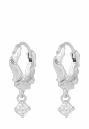 Silver hoop earrings with a twisted design, featuring a dangling square crystal accent at the bottom. Polished metal finish.