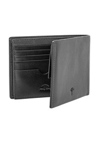 Sort læderpung med flere kortholdere, en glat tekstur og et diskret præget trædesign. RFID-beskyttelse inkluderet.