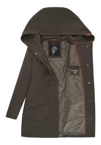 Brown, waterproof jacket with a large hood, snap buttons, and a front patch pocket. Lined interior features red accents and brand logo.
