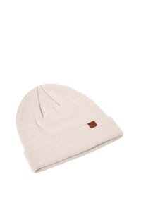 Hellbeige gestrickte Mütze mit umgeschlagenem Saum und einem kleinen braunen Lederetikett auf der Vorderseite. Strukturierten Stoff mit Rippdetails.