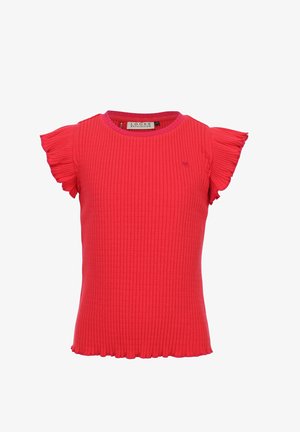 Rood geribd T-shirt met korte mouwen, ruches aan de mouwen en zoom, een ronde halslijn en een klein geborduurd hartje op de borst.