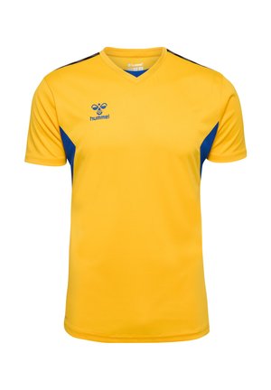 Geel sportshirt met blauwe accenten aan de zijkanten. Voorzien van een V-hals en korte mouwen. Materiaal lijkt lichtgewicht en glad te zijn. Hummel-logo aan de voorkant.