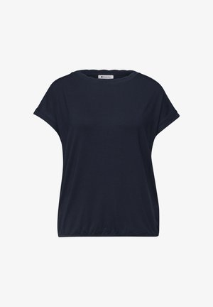 Granatowy, damski top z krótkim rękawem, okrągłym dekoltem i lekko luźnym krojem, z metką „Street One” wewnątrz kołnierza.