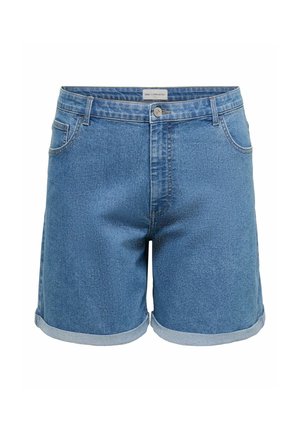 Blaue Denim-Shorts mit umgeschlagenen Säumen, vorderer Knopfleiste und Reißverschluss, Gürtelschlaufen und Vordertaschen vor weißem Hintergrund.