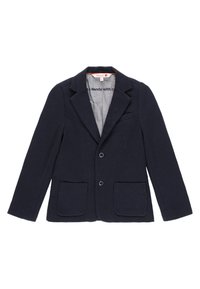 Blazer blu navy in tessuto testurizzato, con rever a punta, due tasche frontali e chiusura frontale con bottoni. Design semplice e classico.