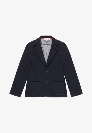 Marineblauer Blazer aus strukturiertem Stoff, mit Reverskragen, zwei vorderen Taschen und Knopfverschluss. Einfaches und klassisches Design.