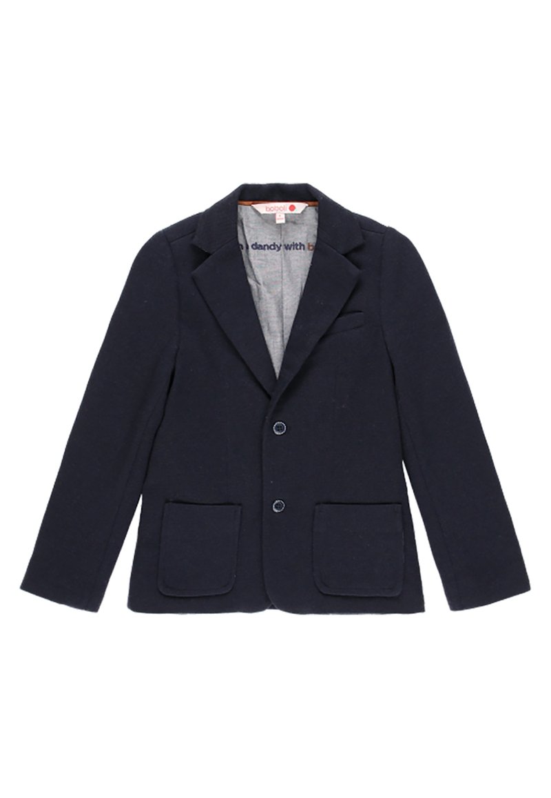 Blazer blu navy in tessuto testurizzato, con rever a punta, due tasche frontali e chiusura frontale con bottoni. Design semplice e classico.