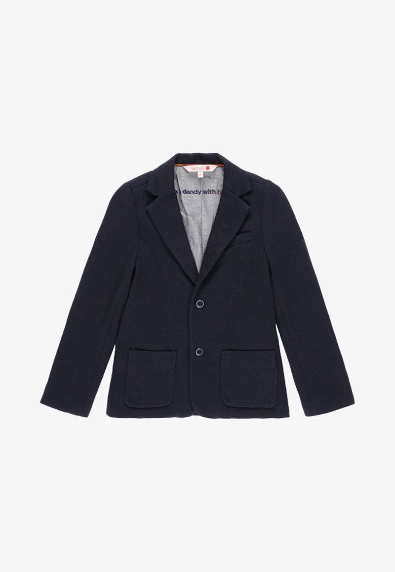 Námořnický modrý blazer vyrobený z texturované tkaniny, s klopovým límcem, dvěma předními kapsami a zapínáním na knoflík. Jednoduchý a klasický design.