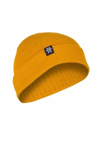 Yellow ribbed knit beanie with a folded cuff and a small dark patch featuring a logo. Soft texture, fitted design for warmth.