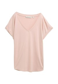 Tricou V cu guler, de culoare roz pal, cu mâneci scurte, având o croială lejeră și o textură netedă. Eticheta este vizibilă la guler, mărime mică.