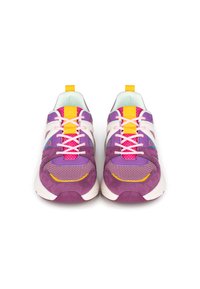 Purple athletic shoes with mesh and suede textures, featuring white accents, pink laces, and a yellow heel tab. Rounded toe design.