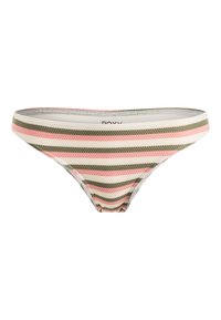 Striped bikini bottom with a mix of olive green, pink, and white colors, featuring a soft, textured material and a low-cut design.