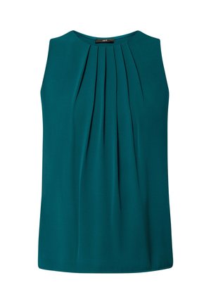 Blouse sans manches bleu sarcelle avec un devant plissé, un col rond et un tissu doux. Design simple sans éléments visibles ni accents.