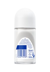 Roll-on deodorant bottle with a white dome cap. Clear body features text in multiple languages and a blue accent; 50ml size indicated.
