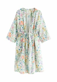 Gėlėtame kimono stiliaus suknelė iš lengvos medžiagos, su giliu V formos iškirpimu, ilgiomis rankovėmis ir reguliuojamu raiščiu talijai.