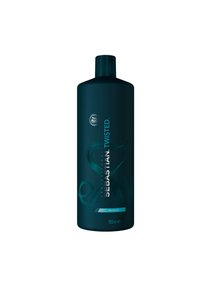 Dunkelblau-grüne Shampoo-Flasche mit einem schlanken, modernen Design. Verfügt über silberne Schriftzüge und Akzente. Enthält 1000 ml Produkt.