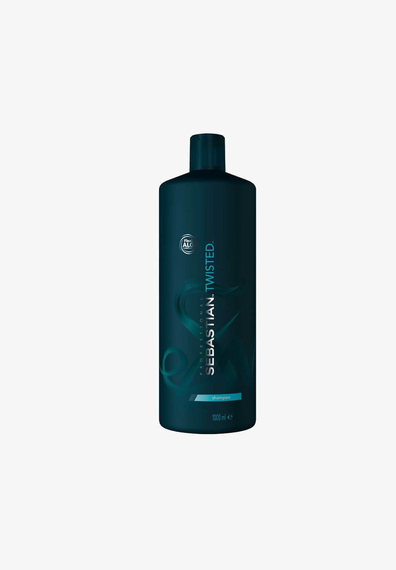 Dunkelblau-grüne Shampoo-Flasche mit einem schlanken, modernen Design. Verfügt über silberne Schriftzüge und Akzente. Enthält 1000 ml Produkt.