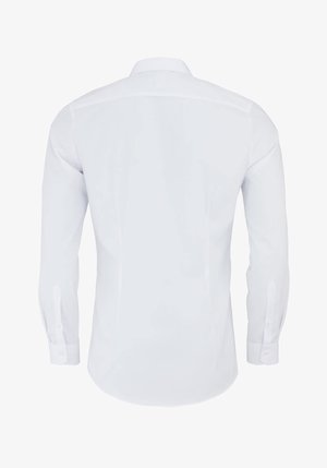 White long-sleeve shirt with a back yoke, button cuffs, and a smooth fabric texture. Tailored fit with a curved hem. No patterns or accents.