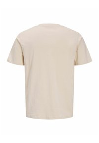 Schlichtes beige kurzärmliges T-Shirt, von hinten gezeigt, mit rundem Ausschnitt und ohne sichtbare Logos oder Designs.