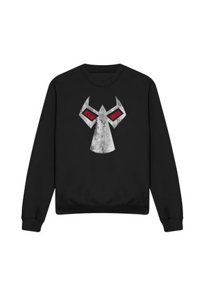 Schwarzes Langarm-Sweatshirt mit großem grauen und roten stilisierten Tiergesicht, zentral vorne.