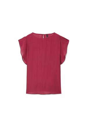 Dunkelrosa Bluse mit kurzen Ärmeln, rundem Ausschnitt, feiner vertikaler Struktur und kleinem Knopfverschluss hinten.