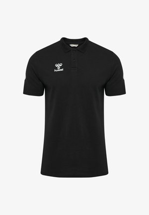 Schwarzes Poloshirt aus weichem Stoff, mit Kragen, Knopfleiste und Hummel-Logo auf der linken Brustseite sowie kontrastierenden Ärmelakzenten.