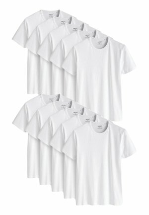 Weiße Baumwoll-T-Shirts mit kurzen Ärmeln, Rundhalsausschnitt und schlichter Textur, in einem Stapel angeordnet, der mehrere identische Artikel zeigt.