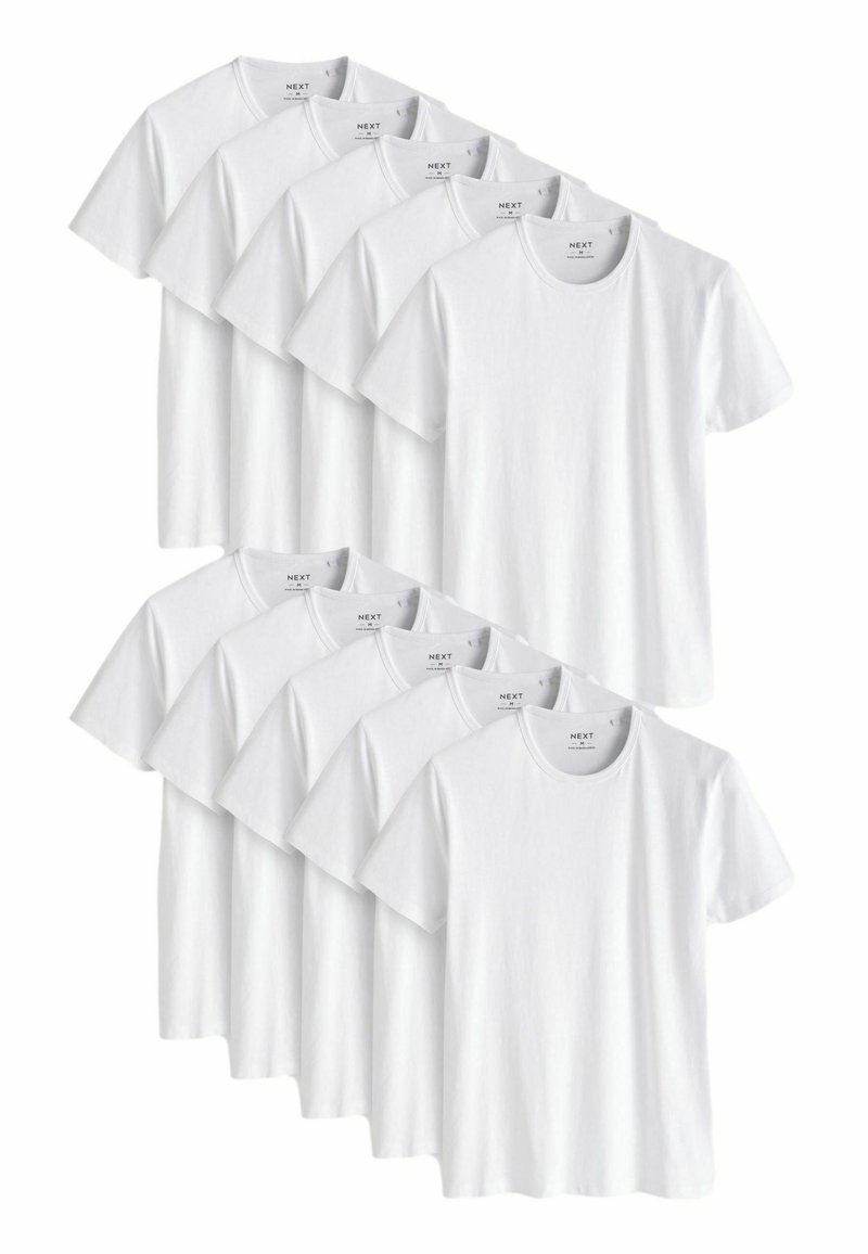 Witte katoenen T-shirts met korte mouwen, ronde halsontwerp en een eenvoudige textuur, gerangschikt in een stapel, met meerdere identieke artikelen.