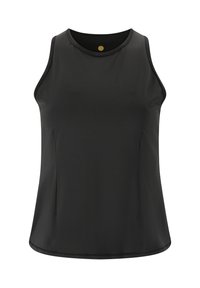 Zwart mouwloos sporttop met een ronde halslijn, een gladde textuur en paneeldetails aan de zijkanten, ontworpen voor comfort en beweging.