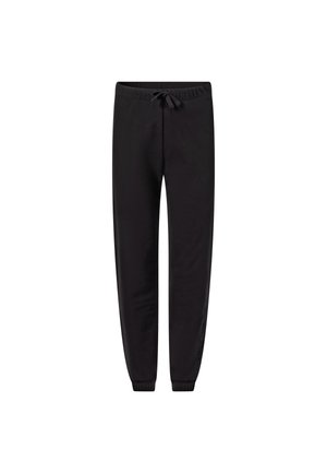 Schwarze Jogginghosen mit elastischem Bund und Kordelzug, mit Bündchen an den Knöcheln, aus weichem Stoff.