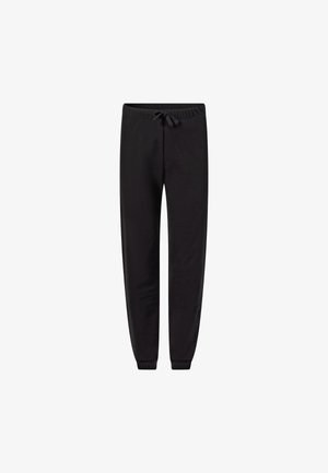 Pantaloni jogger neri con vita elasticizzata e coulisse, polsini alle caviglie, realizzati in tessuto morbido.