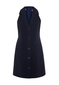 Robe bleu marine sans manches à boutons, avec un large col et deux poches à rabat à l'avant, présentée sur fond blanc.
