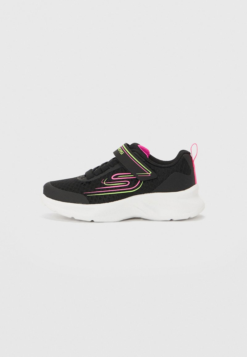 Black athletic shoes with a textured mesh upper, pink and green accents, Velcro strap, and a thick white sole.
