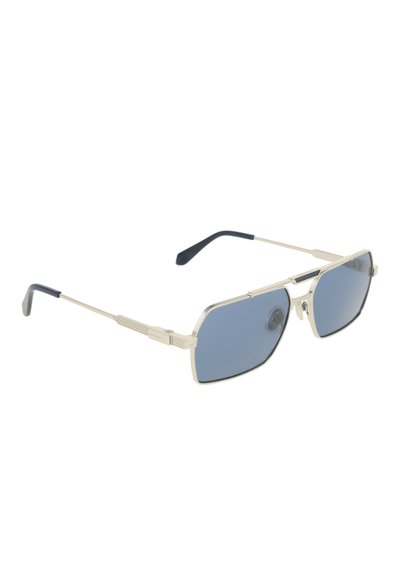 Lunettes de soleil carrées teintées de bleu avec une fine monture métallique argentée, des embouts de branches noirs et un design à double pont.