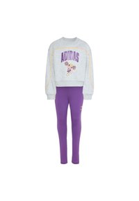 Szara bluza z napisem "ADIDAS" w kolorze fioletowym, żółtymi przeszyciami i postacią z kreskówki; w zestawie z fioletowymi legginsami zdobionymi logo.