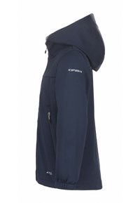 Veste softshell bleu marine avec capuche, poche zippée sur le côté, poignets élastiques et détail du logo sur la manche. Texture lisse, design ajusté.