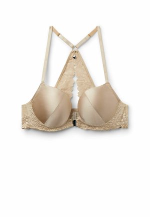 Soutien-gorge beige rembourré avec détails en dentelle et bretelles dos nageur, équipé de bretelles réglables et d'un fermoir à l'avant.