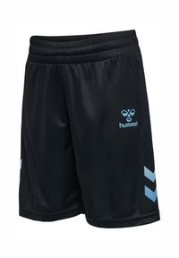 Schwarze Sportsshorts mit elastischem Bund, hellblauen Chevron-Designs an den Seiten und hellblauem hummel-Logo vorne am rechten Bein.