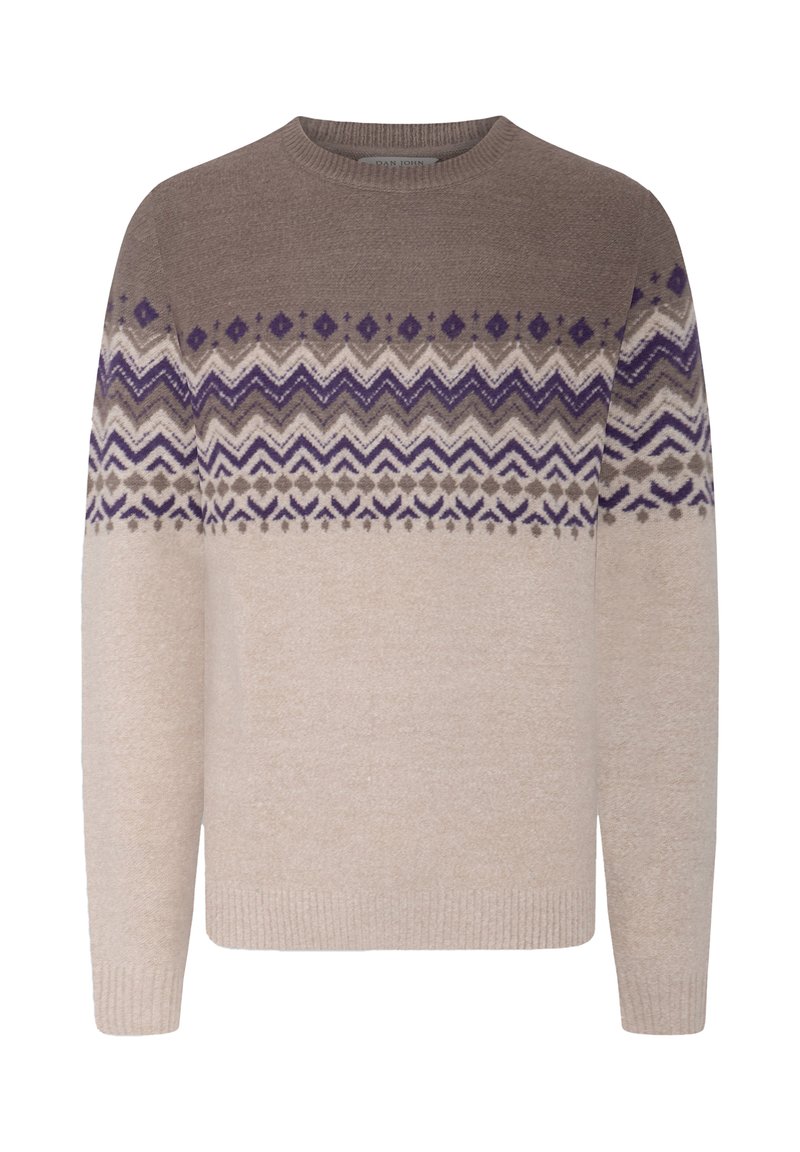 Maglione beige e marrone con motivo a fantasia, caratterizzato da un collo rotondo, maniche lunghe e disegni geometrici in viola e crema sul petto.