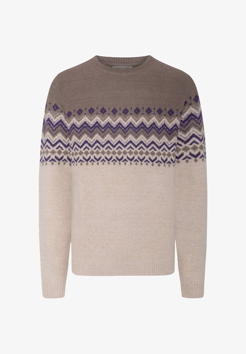 Beige en bruine gebreide trui met een ronde hals, lange mouwen en geometrische ontwerpen in paars en crème over de borst.