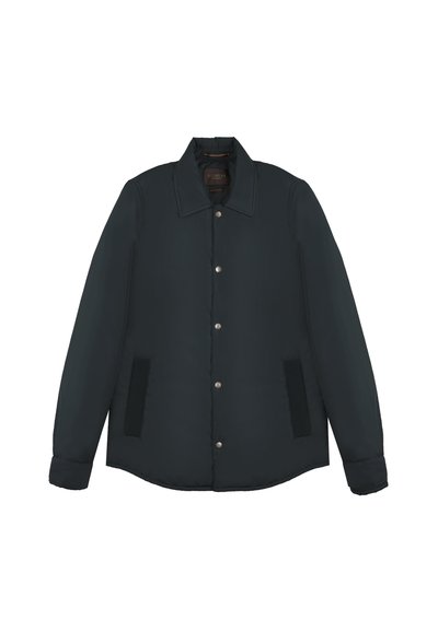Giacca imbottita di un blu scuro con colletto, chiusura a bottoni a scatto e tasche laterali con dettagli in tessuto testurizzato. Materiale liscio.