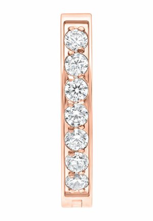 Rose gold band earring set with six large round clear gemstones in a vertical row, secure prong setting.